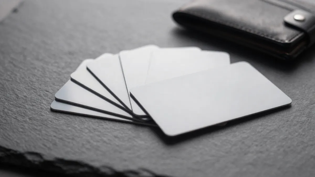 Blank cards fanned beside a metal wallet on dark slate, illustrating RFID blocking card protection for everyday wallets