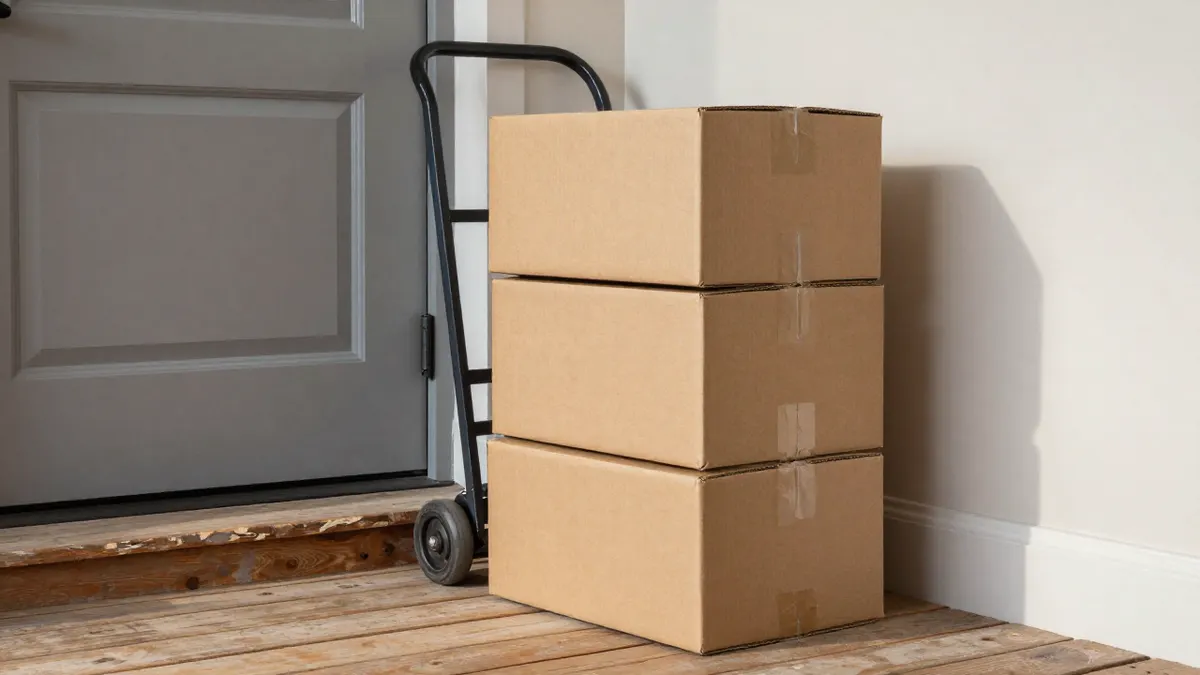 Brown parcels stacked on a wooden doorstep, waiting for delivery of viral gadget orders in the morning light