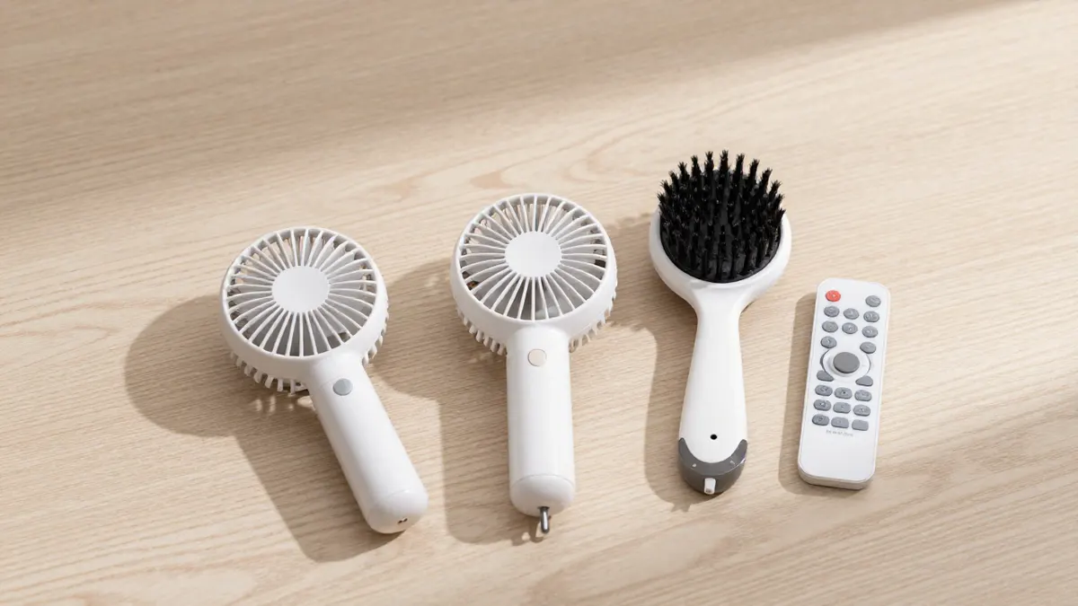 Flat lay of everyday gadgets on an oak table, a fan, brush and remote, for honest guides to viral gadgets and deals