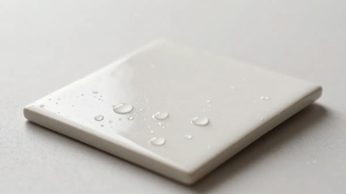 Glossy tile with water beading into droplets, showing how a water-repellent coating protects surfaces from moisture
