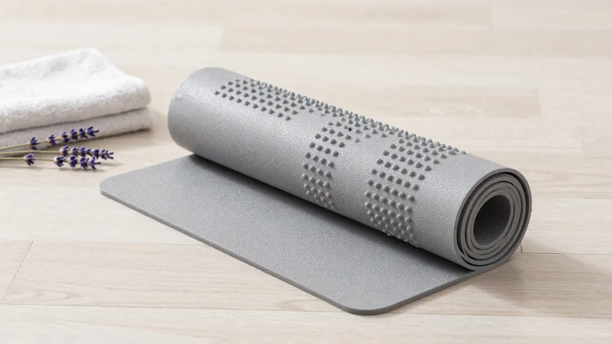 Grey acupressure mat with small spikes laid out on a wooden floor beside a towel, showing what an acupressure mat offers