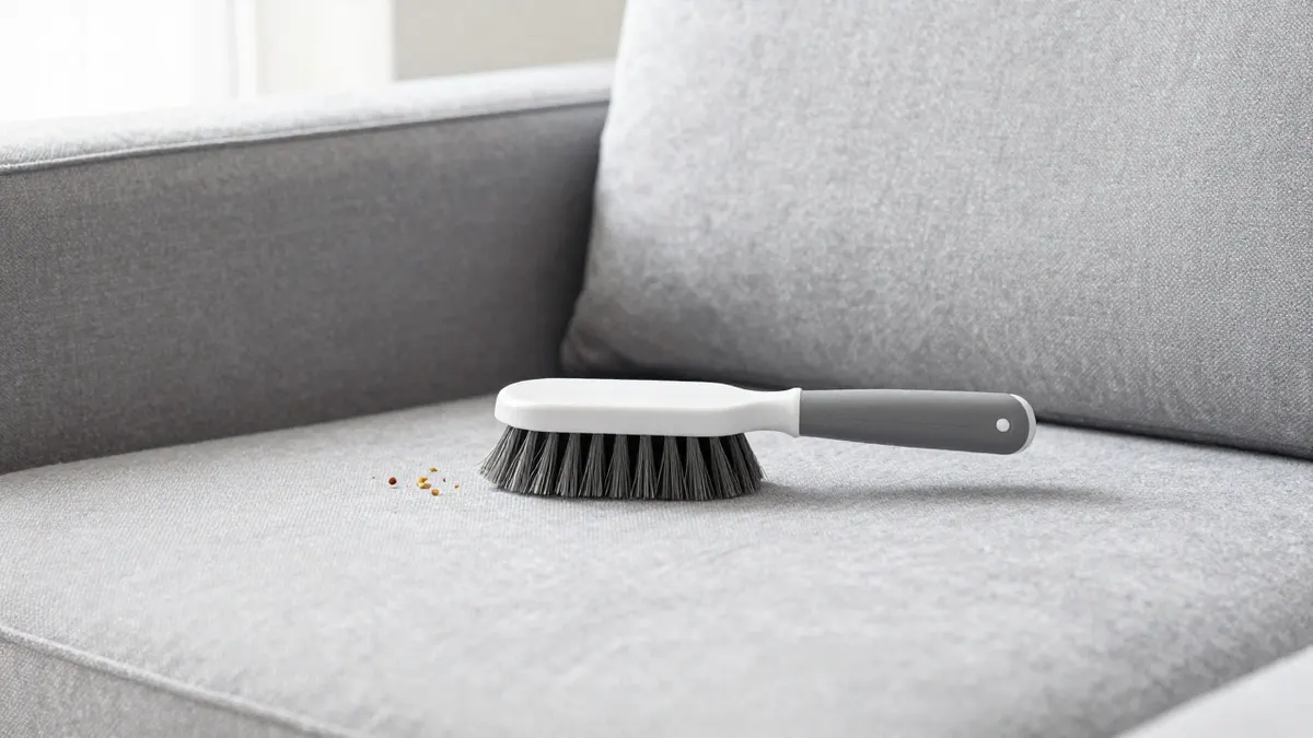 Handheld brush with soft bristles on a grey sofa with crumbs nearby, showing a magic brush for quick upholstery cleaning
