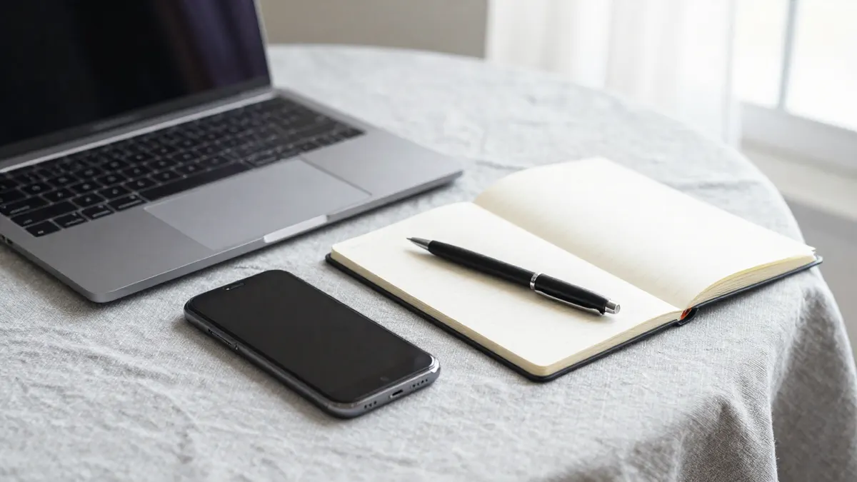 Laptop, smartphone and notepad on a linen table, ready for contacting customer support about a gadget order
