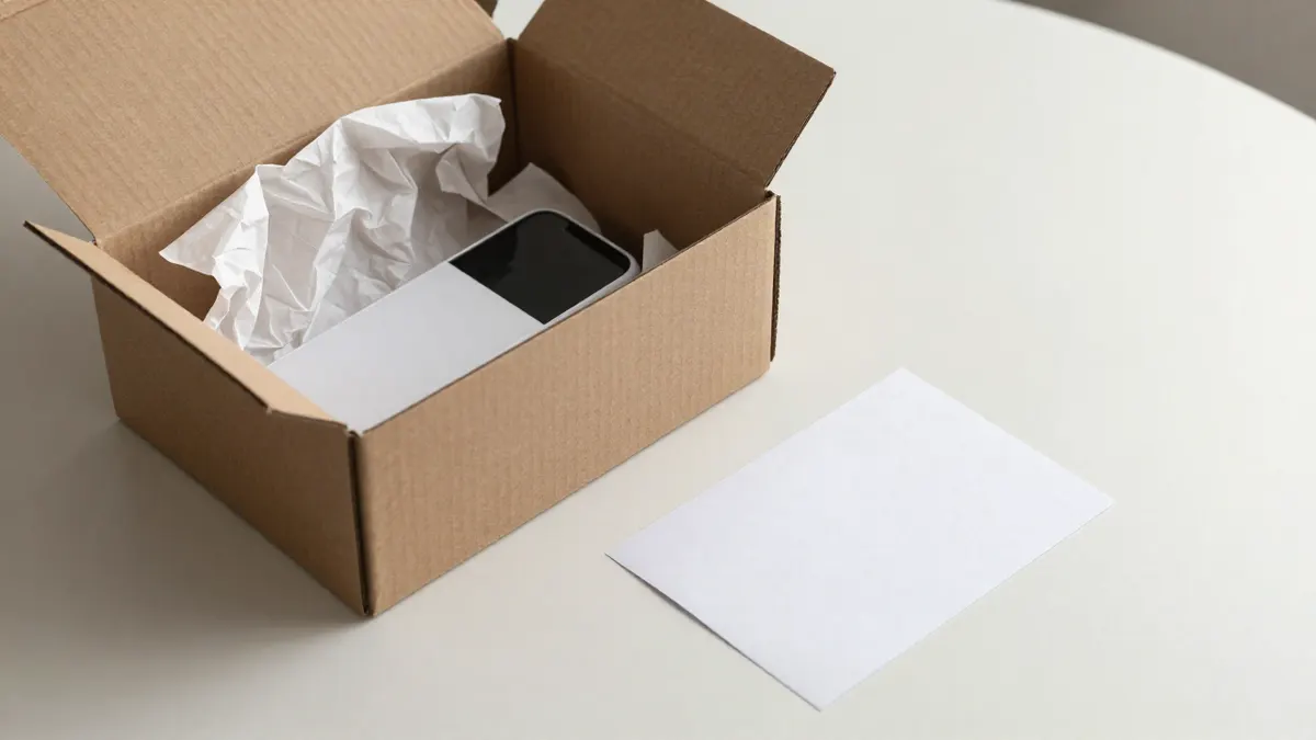 Open shipping box with tissue paper and a small gadget beside it, illustrating a return of viral gadget orders
