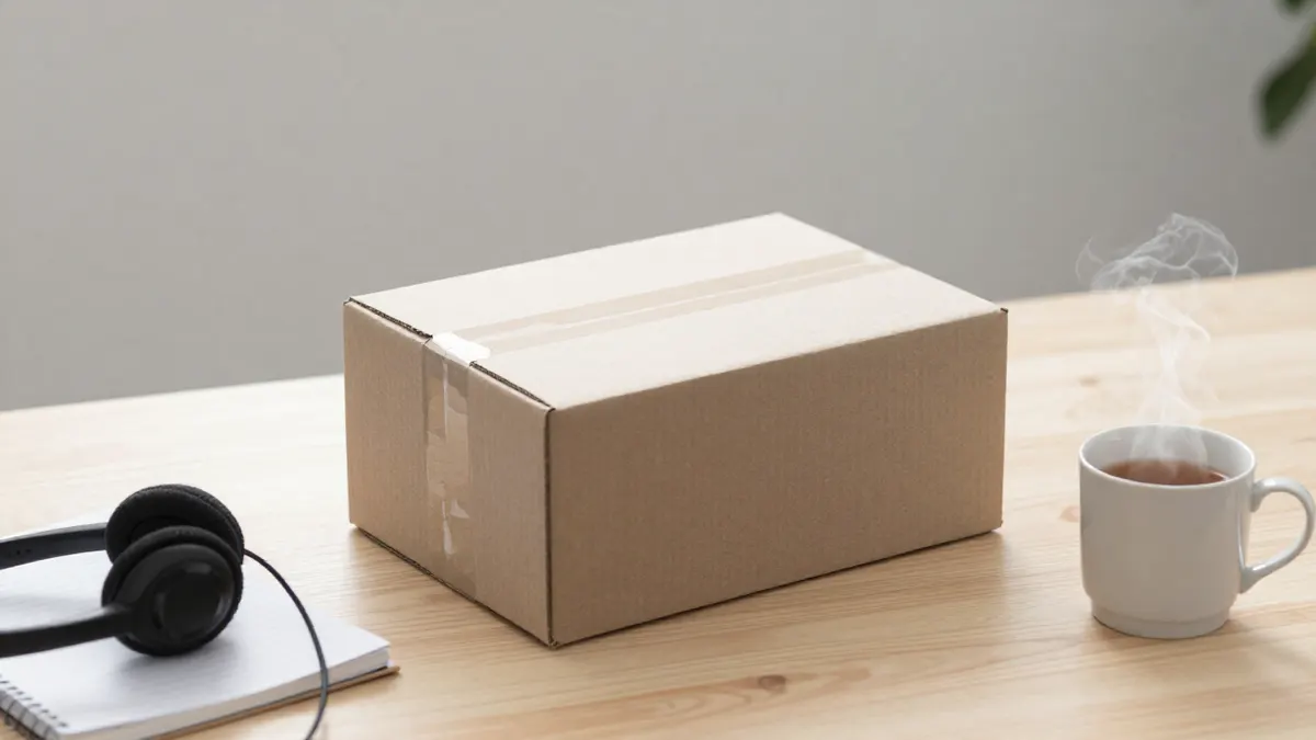 Organized desk with a shipping box, headset and notebook for handling viral gadget orders and customer support