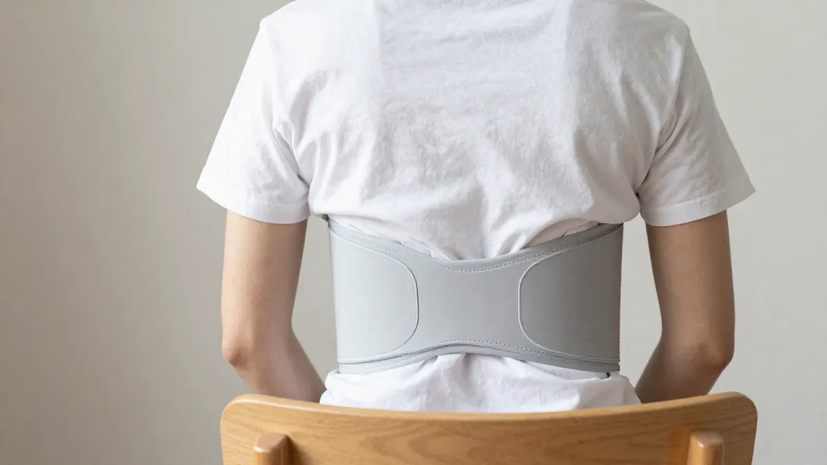 Person wearing a slim back support gadget on a wooden chair, showing how this viral back device is worn