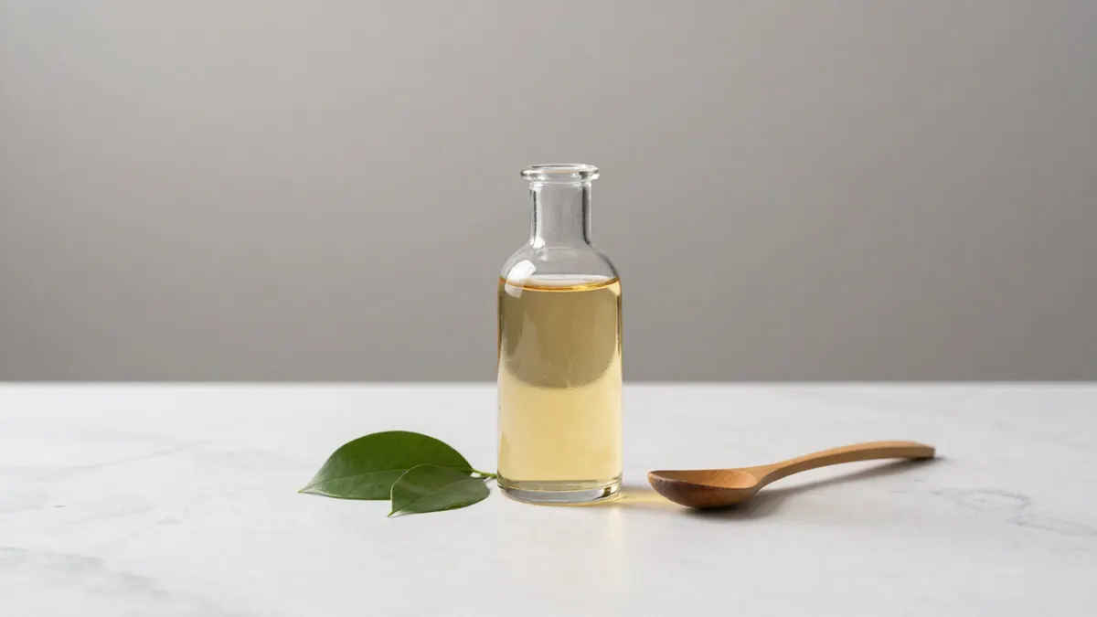 Plain glass bottle of golden liquid on white marble beside fresh green leaves, a calm scene for weighing supplement claims