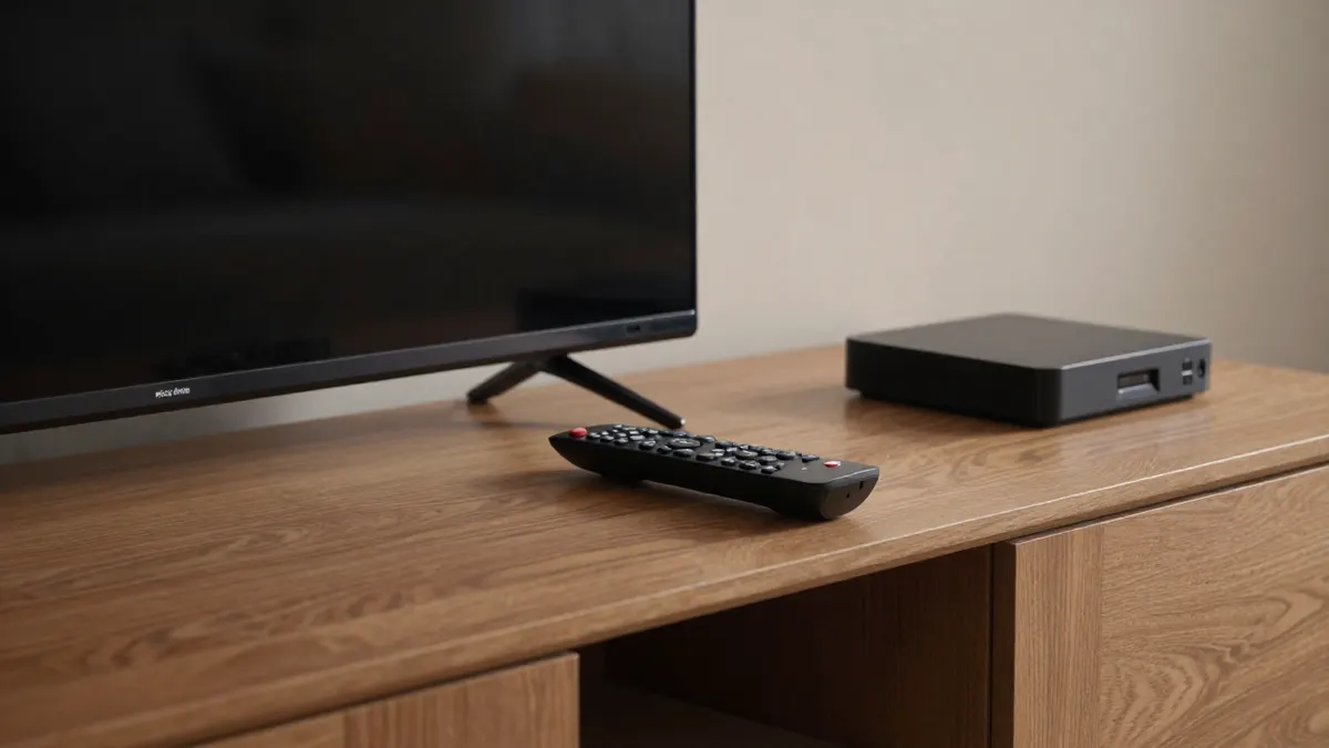 Slim black universal TV remote on a wooden console beside a television and set-top box, one remote for three devices