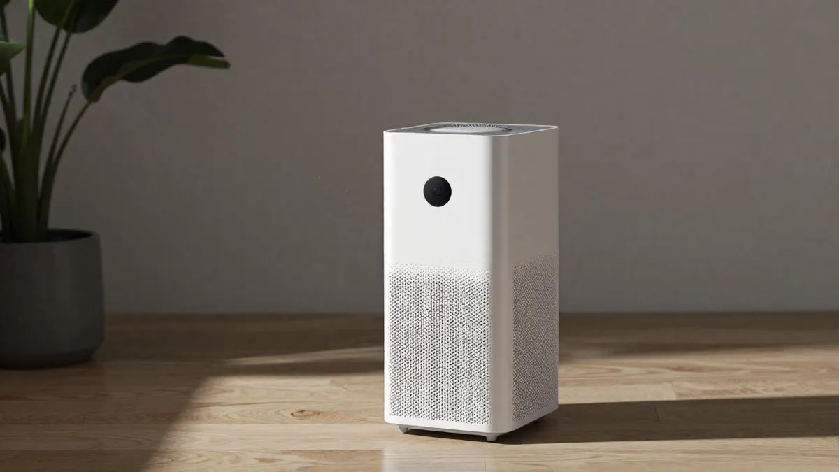 Slim white portable air purifier on a sunlit wooden floor beside a leafy plant in a calm living room setting