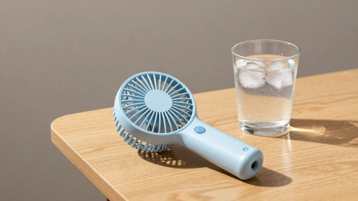 Small handheld cooling gadget on a sunlit table beside ice water, illustrating how this cooling device works in summer heat