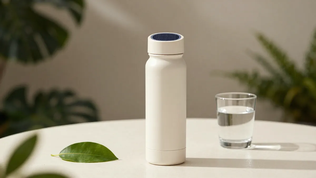 Solar-powered water bottle with a panel on its lid on a sunlit garden table, a practical solar water gadget in use