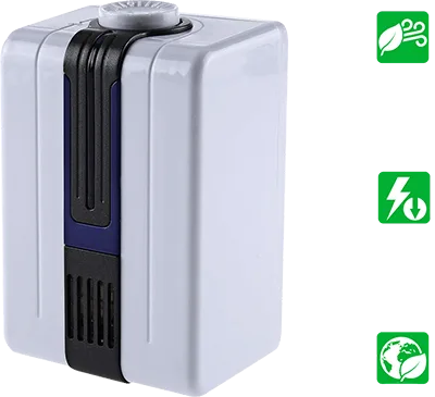 Small white portable air purifier with a black band and a blue power button